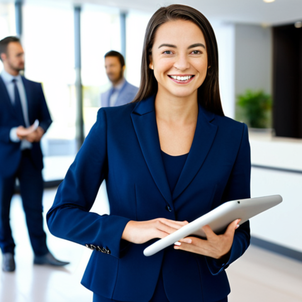 Business Professional**

"A professional businesswoman in a tailored navy blue business suit, standing confidently in a bright, modern office lobby. Fully clothed, appropriate attire, safe for work, perfect anatomy, natural proportions, professional photography, high quality. She is holding a tablet and smiling slightly. The background includes blurred office workers and a reception desk. Professional, modest, family-friendly."

**