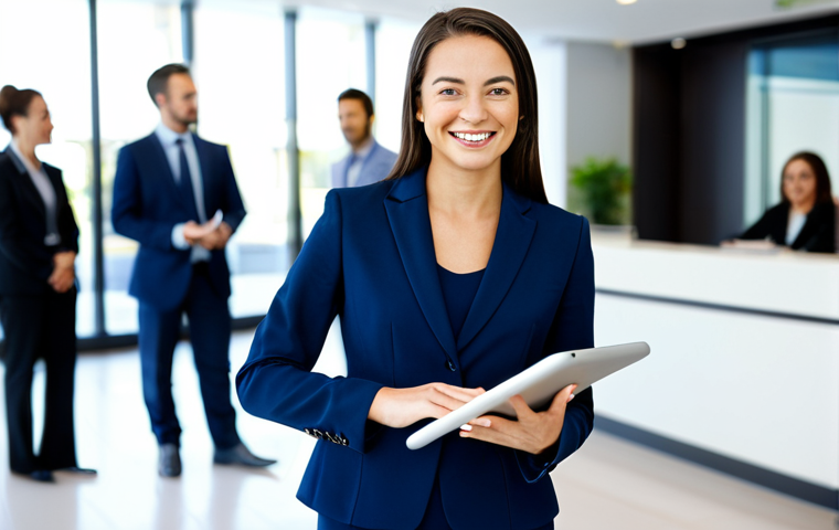 Business Professional**
"A professional businesswoman in a tailored navy blue business suit, standing confidently in a bright, modern office lobby. Fully clothed, appropriate attire, safe for work, perfect anatomy, natural proportions, professional photography, high quality. She is holding a tablet and smiling slightly. The background includes blurred office workers and a reception desk. Professional, modest, family-friendly."
**