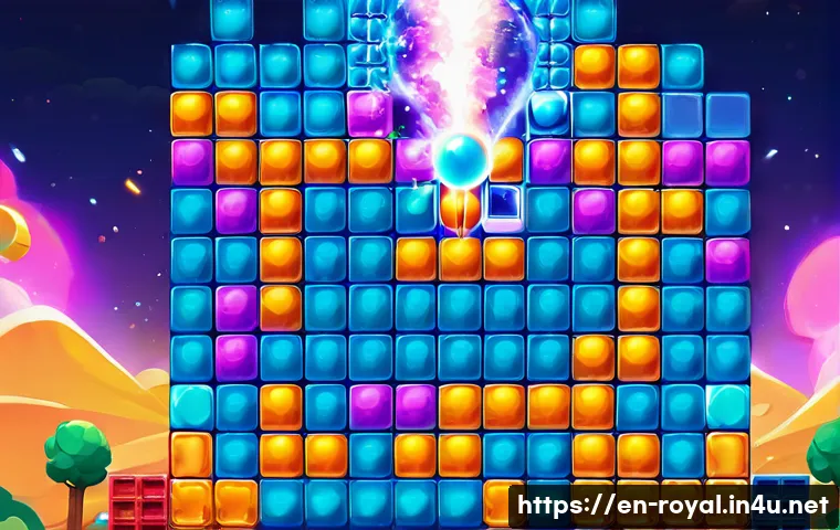 로얄매치 미션별 아이템 사용법 - A vibrant, colorful match-3 puzzle game board filled with various obstacles such as locked crates, i...
