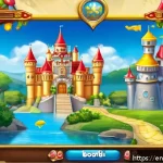 로얄매치 단계별 난이도 - A vibrant and colorful match-3 puzzle game board set in a whimsical royal castle environment, featur...