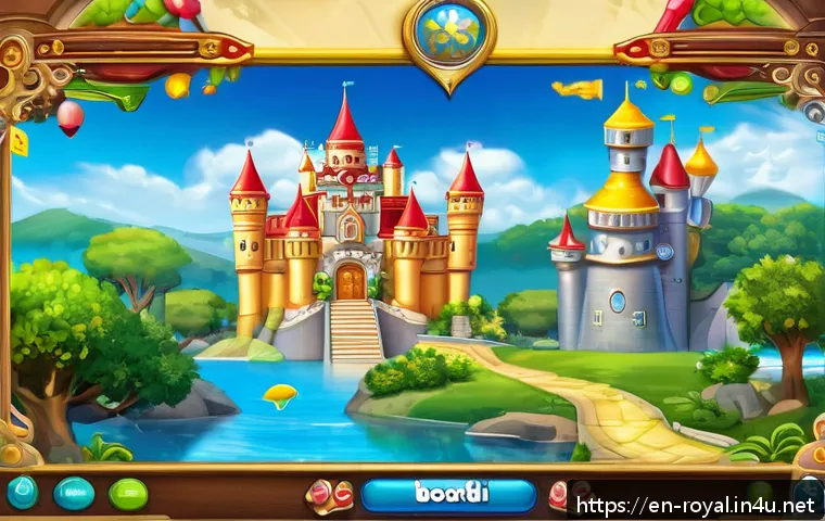 로얄매치 단계별 난이도 - A vibrant and colorful match-3 puzzle game board set in a whimsical royal castle environment, featur...