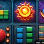 로얄매치 부스터 종류 - A vibrant and dynamic game board scene showcasing a fiery explosion from a Fireball booster clearing...