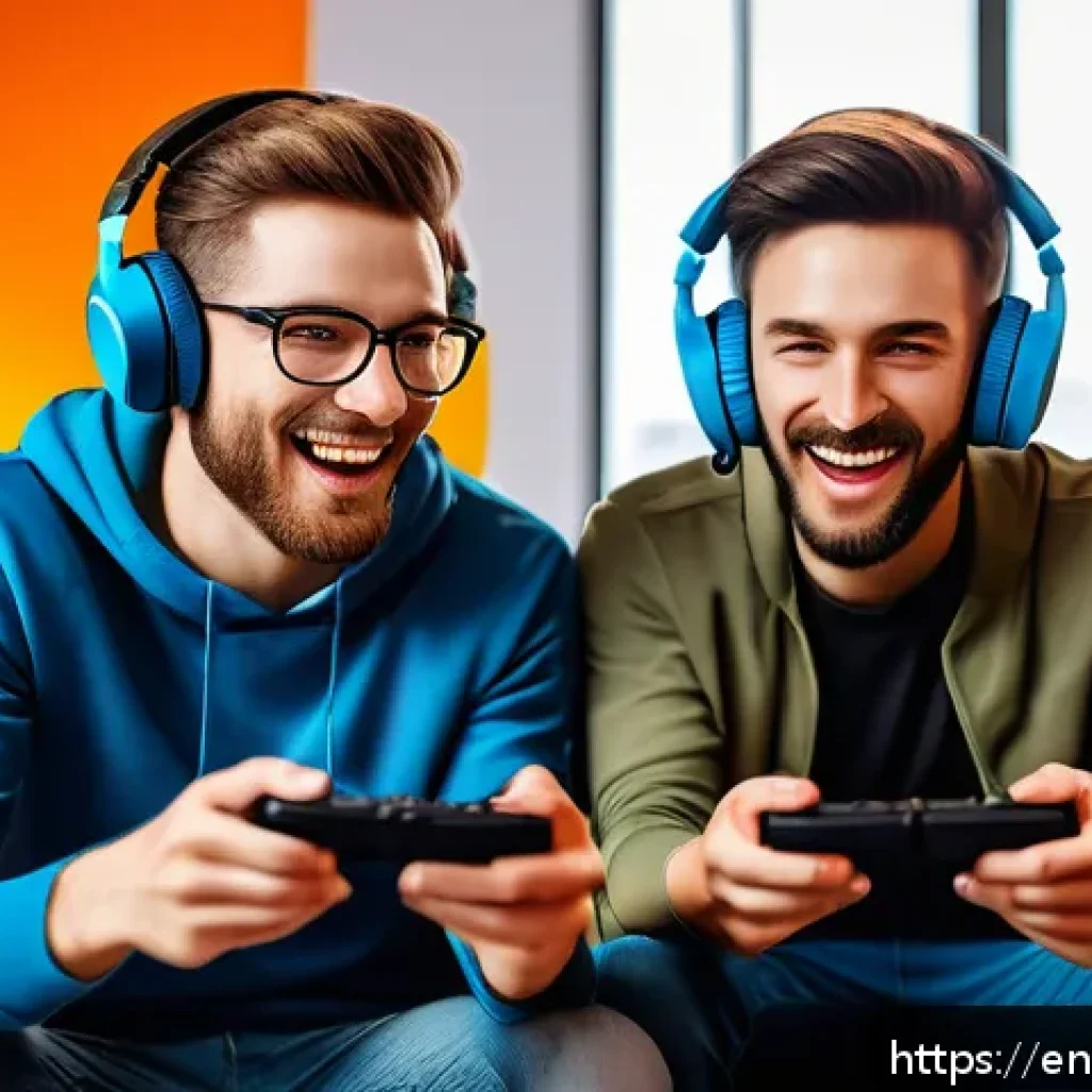 로얄매치 멀티플레이 기능 - A dynamic scene of two diverse gamers in a cozy modern living room, one holding a game controller fo...