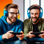 로얄매치 멀티플레이 기능 - A dynamic scene of two diverse gamers in a cozy modern living room, one holding a game controller fo...