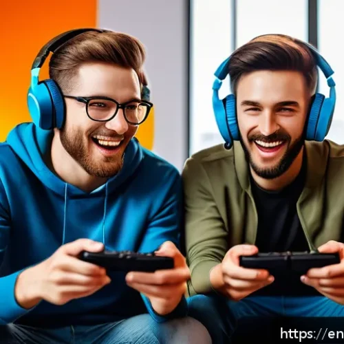 로얄매치 멀티플레이 기능 - A dynamic scene of two diverse gamers in a cozy modern living room, one holding a game controller fo...