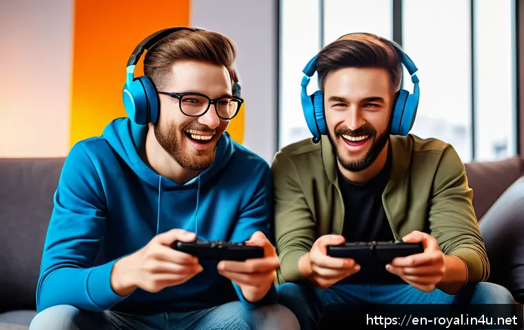 로얄매치 멀티플레이 기능 - A dynamic scene of two diverse gamers in a cozy modern living room, one holding a game controller fo...
