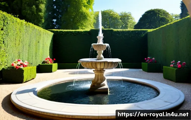 로얄매치 다양한 배경 테마 - Photorealistic elegant royal garden theme, a sunlit European palace courtyard with trimmed hedges, b...